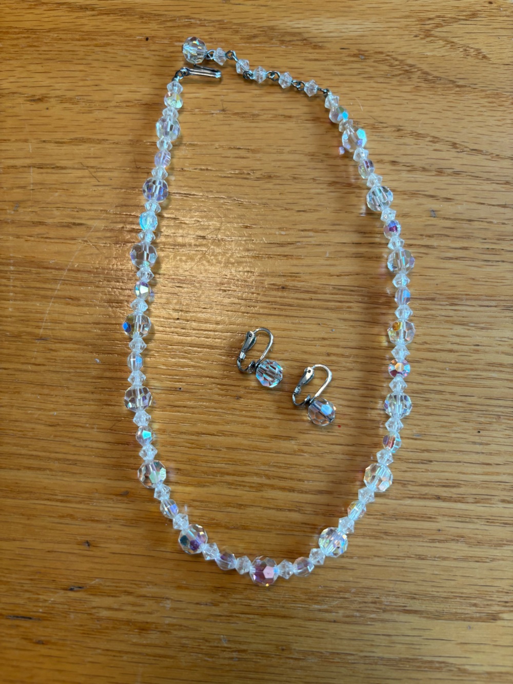 Crystal Aurora Borealis Beaded Necklace & Clip-On Earrings Set